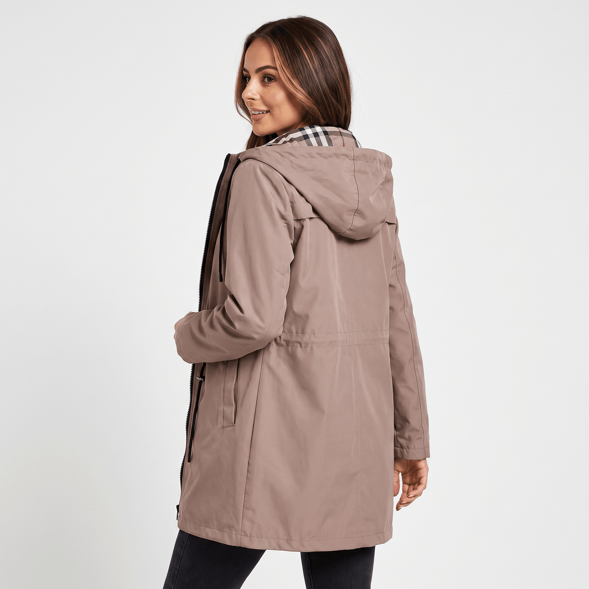 Katrina Hooded Longline Coat – Zip-Up Tie-Waist Water-Resistant Outerwear