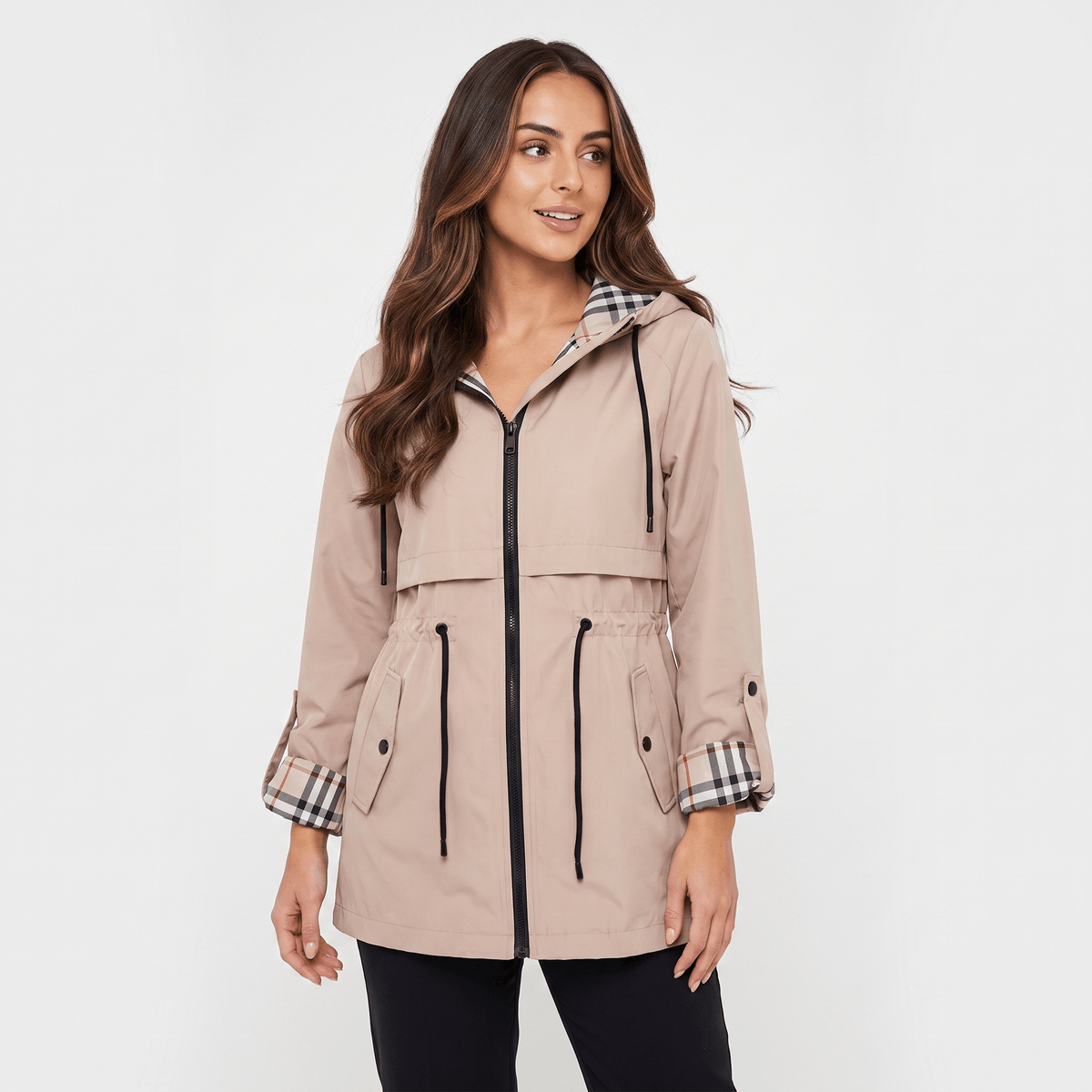 Katrina Hooded Longline Coat – Zip-Up Tie-Waist Water-Resistant Outerwear