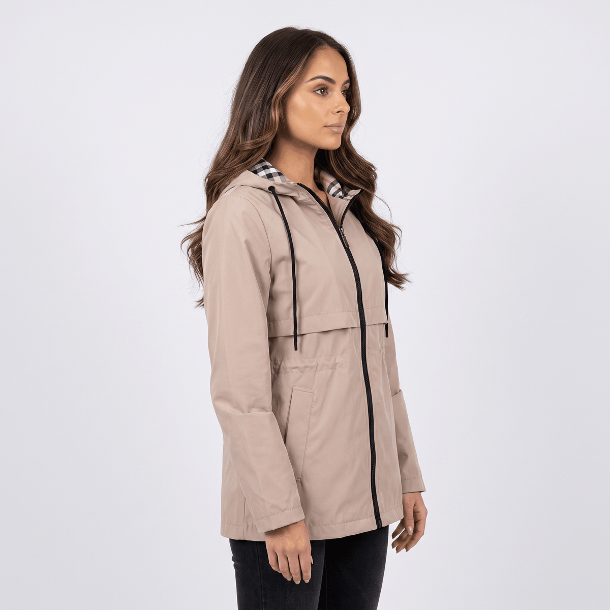 Katrina Hooded Longline Coat – Zip-Up Tie-Waist Water-Resistant Outerwear
