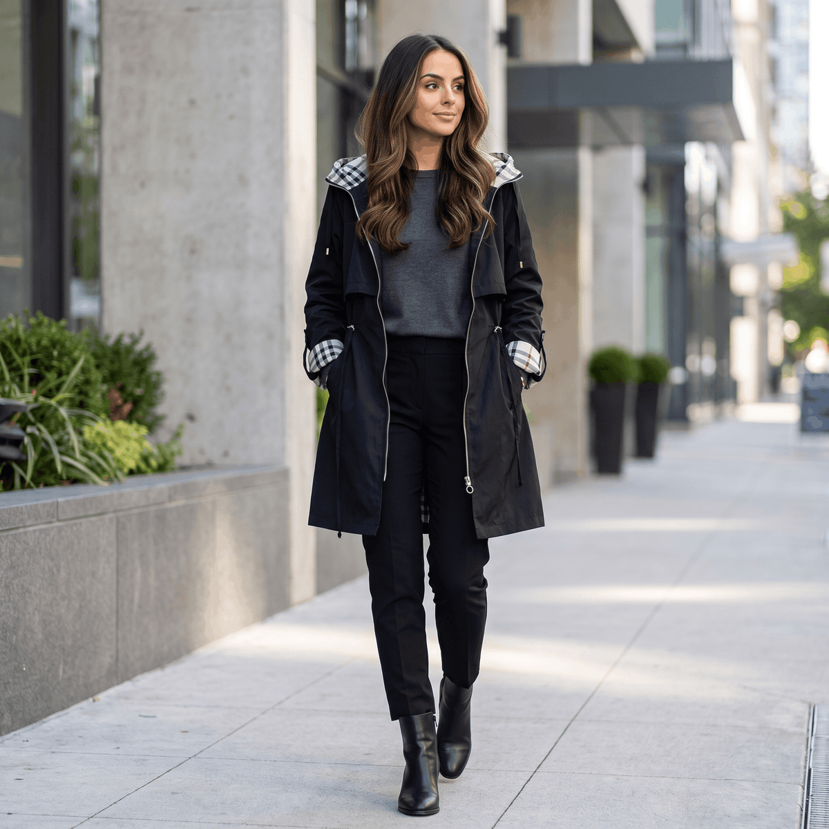 Katrina Hooded Longline Coat – Zip-Up Tie-Waist Water-Resistant Outerwear