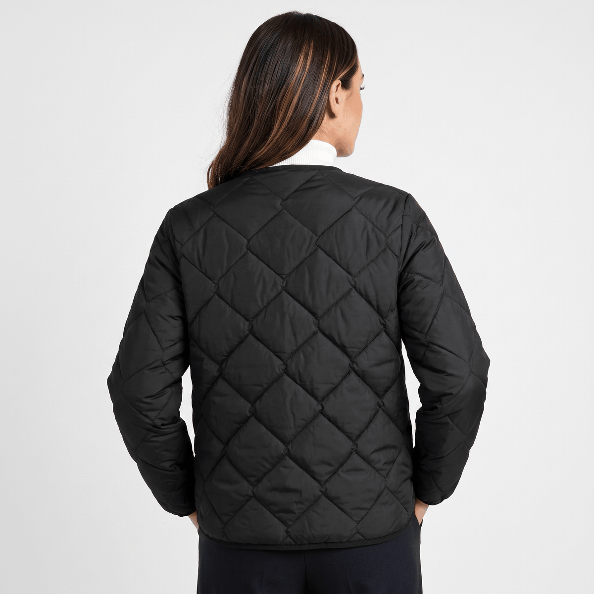 Emilia Diamond-Quilted Liner Jacket – Collarless Snap-Button Lightweight Outerwear