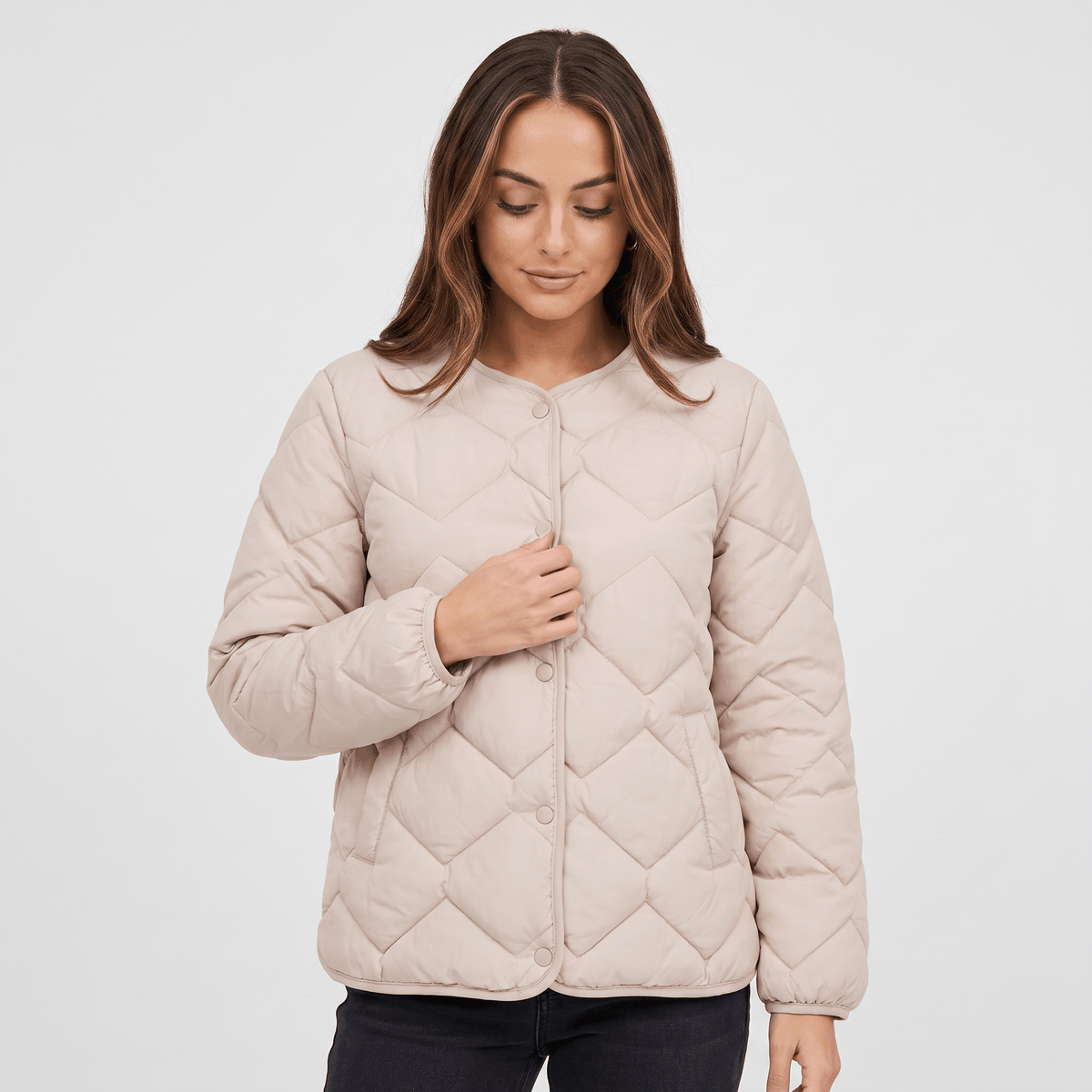 Emilia Diamond-Quilted Liner Jacket – Collarless Snap-Button Lightweight Outerwear