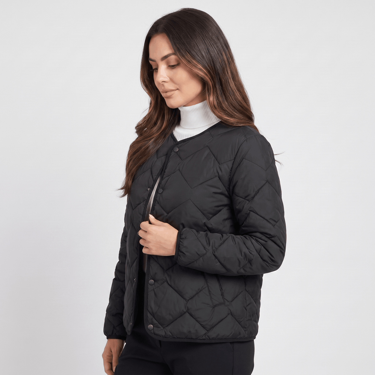 Emilia Diamond-Quilted Liner Jacket – Collarless Snap-Button Lightweight Outerwear