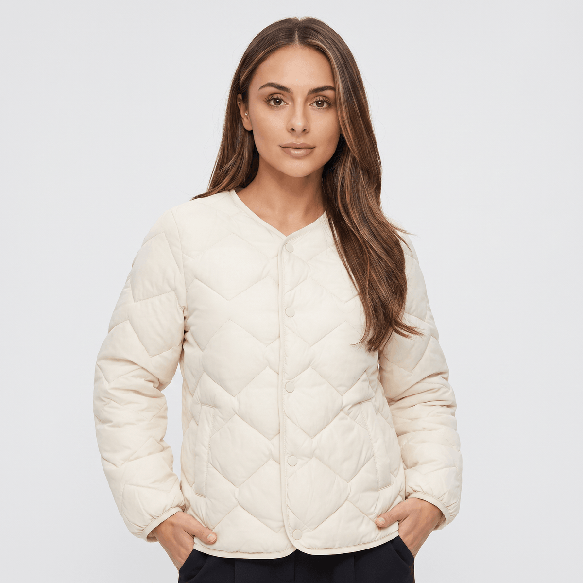 Emilia Diamond-Quilted Liner Jacket – Collarless Snap-Button Lightweight Outerwear