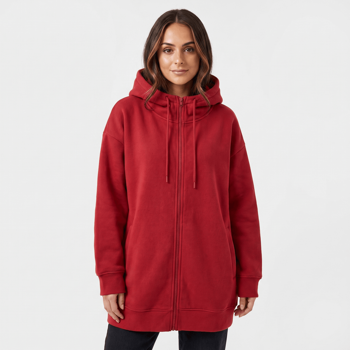 Hailey Fleece Zip-Up Hoodie – Longline Oversized Drawstring Sweatshirt