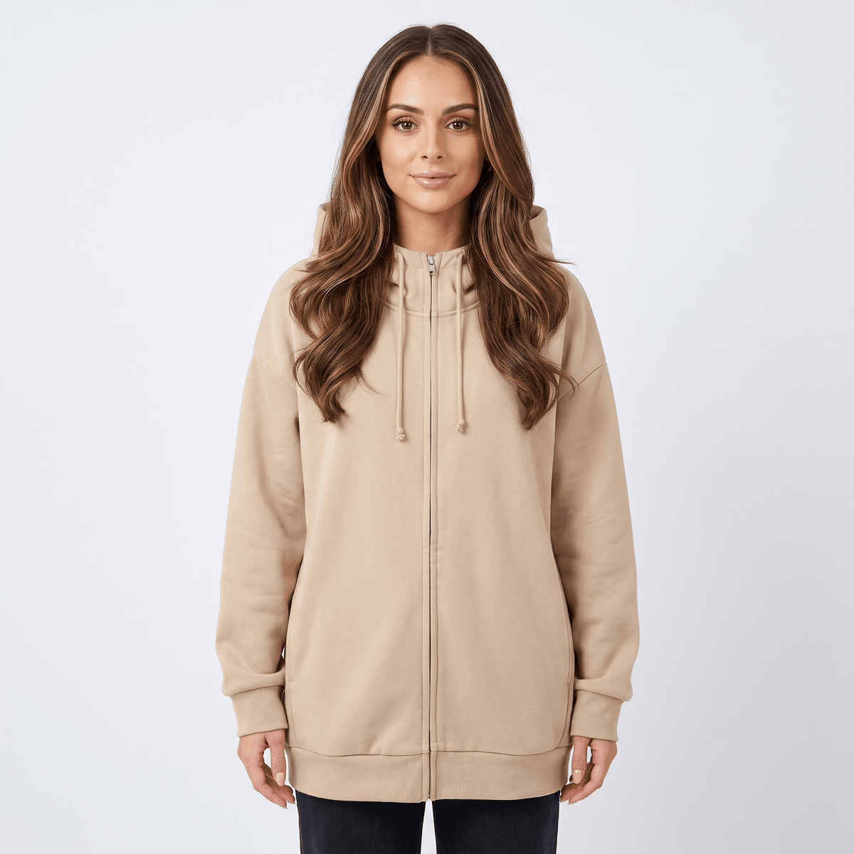Hailey Fleece Zip-Up Hoodie – Longline Oversized Drawstring Sweatshirt