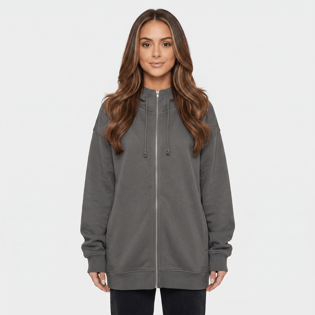 Hailey Fleece Zip-Up Hoodie – Longline Oversized Drawstring Sweatshirt