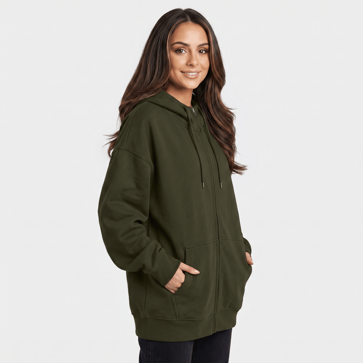 Hailey Fleece Zip-Up Hoodie – Longline Oversized Drawstring Sweatshirt