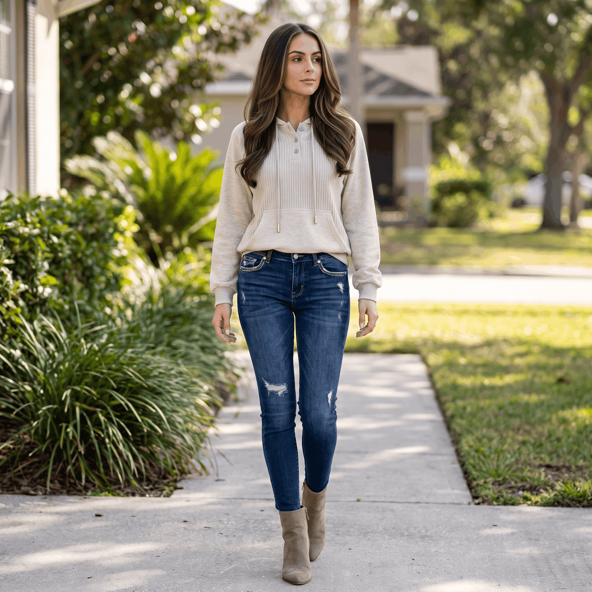 Wendy Ribbed Knit Hoodie – Button Placket Drawstring Raglan Pullover