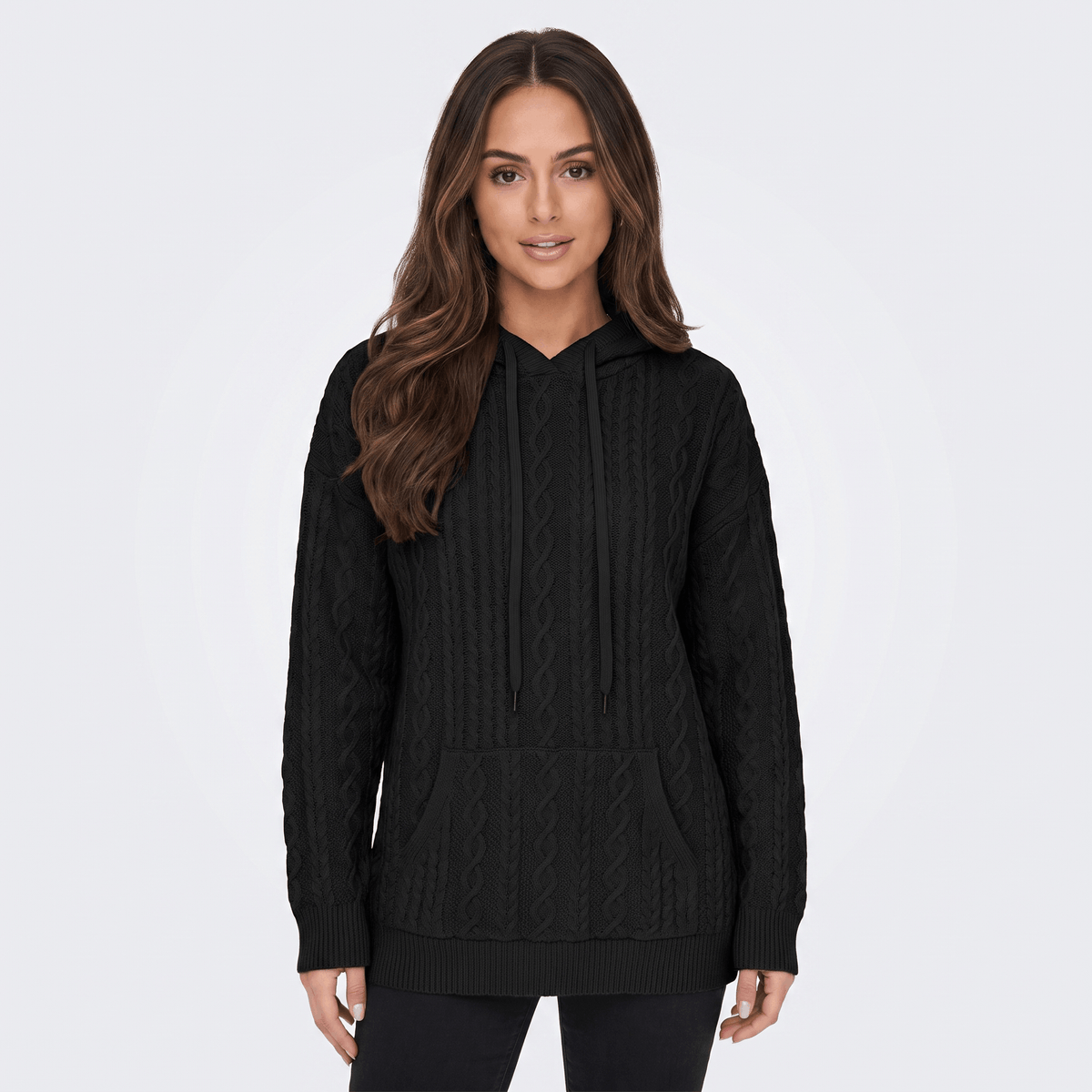 Anna Cable-Knit Hoodie Sweatshirt – Oversized Drawstring Kangaroo-Pocket Pullover
