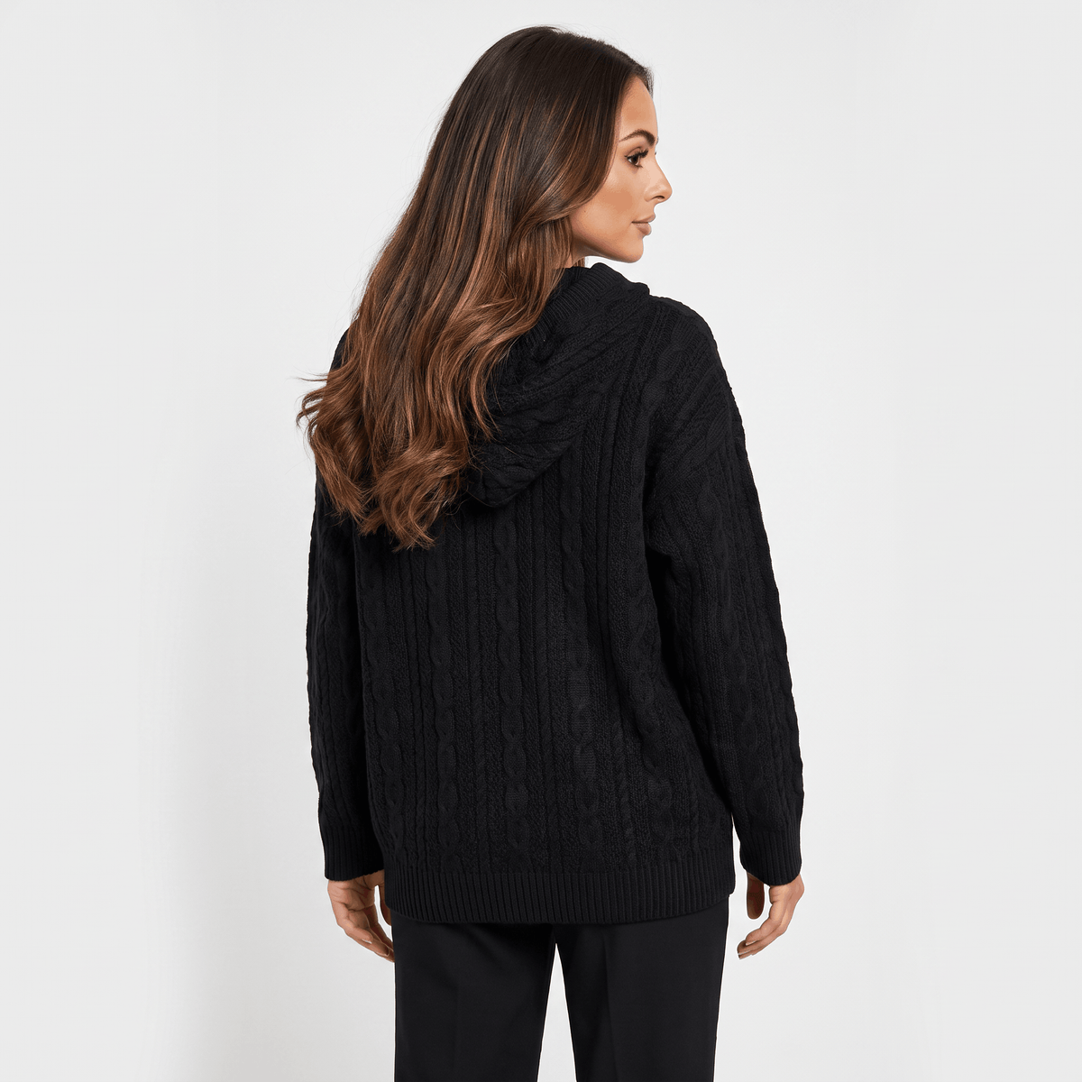 Anna Cable-Knit Hoodie Sweatshirt – Oversized Drawstring Kangaroo-Pocket Pullover