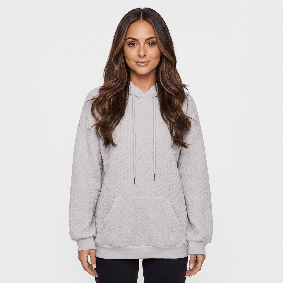 Anna Cable-Knit Hoodie Sweatshirt – Oversized Drawstring Kangaroo-Pocket Pullover
