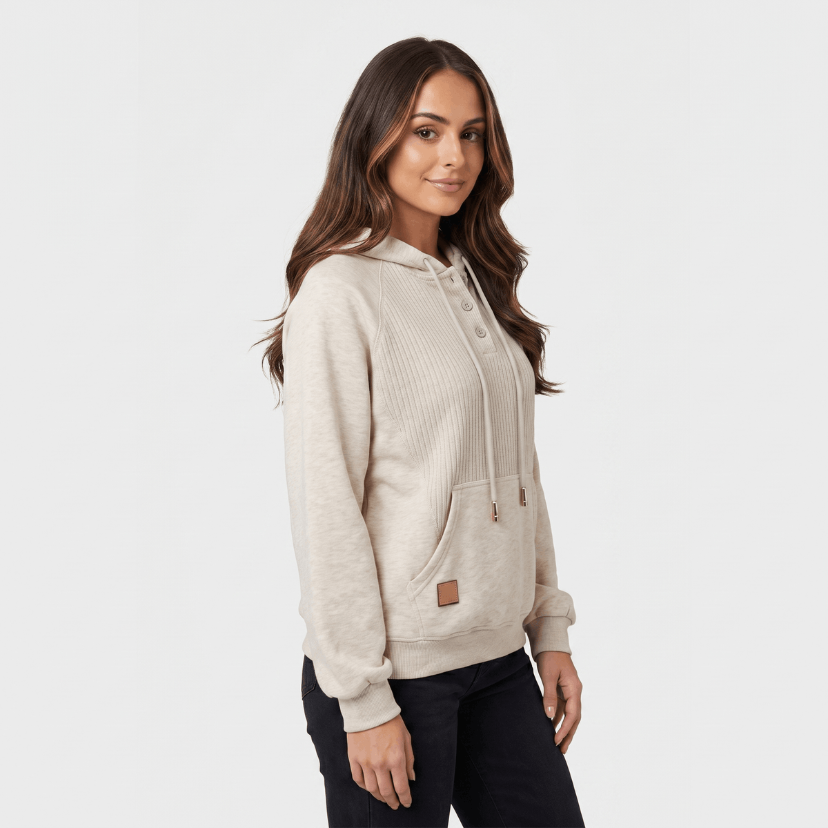 Wendy Ribbed Knit Hoodie – Button Placket Drawstring Raglan Pullover