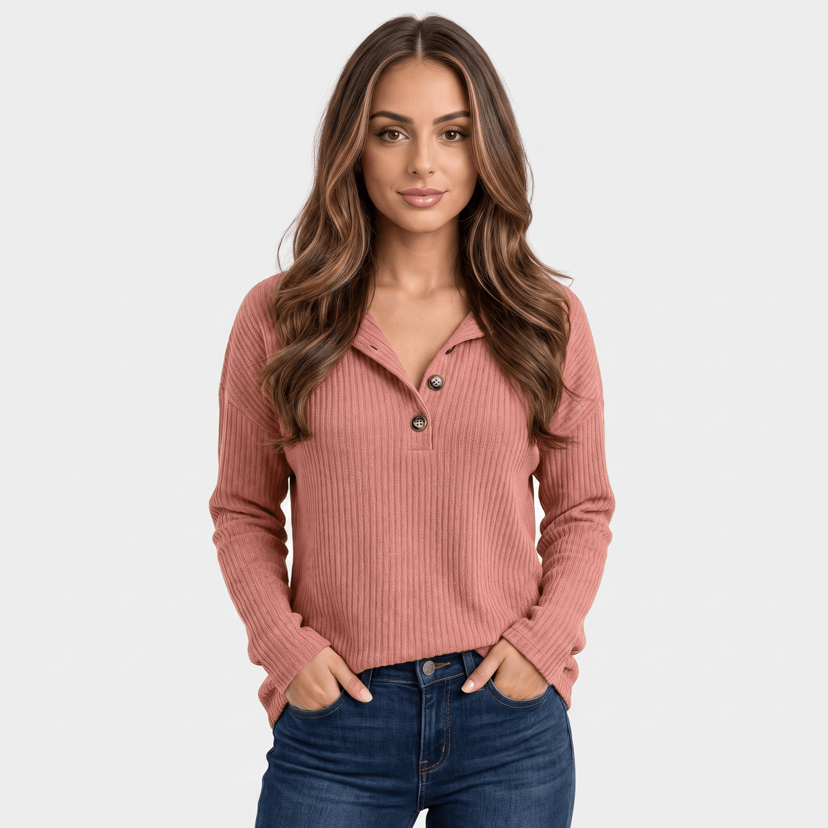 Giselle Ribbed Knit Henley Sweater – Relaxed V-Neck Button-Placket Pullover