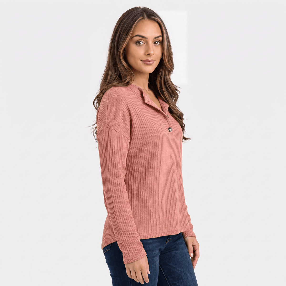 Giselle Ribbed Knit Henley Sweater – Relaxed V-Neck Button-Placket Pullover