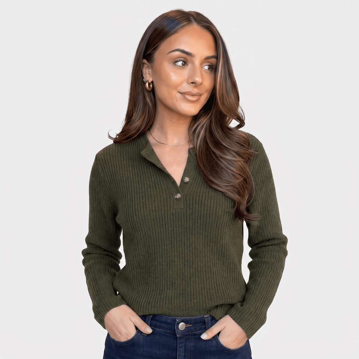 Giselle Ribbed Knit Henley Sweater – Relaxed V-Neck Button-Placket Pullover