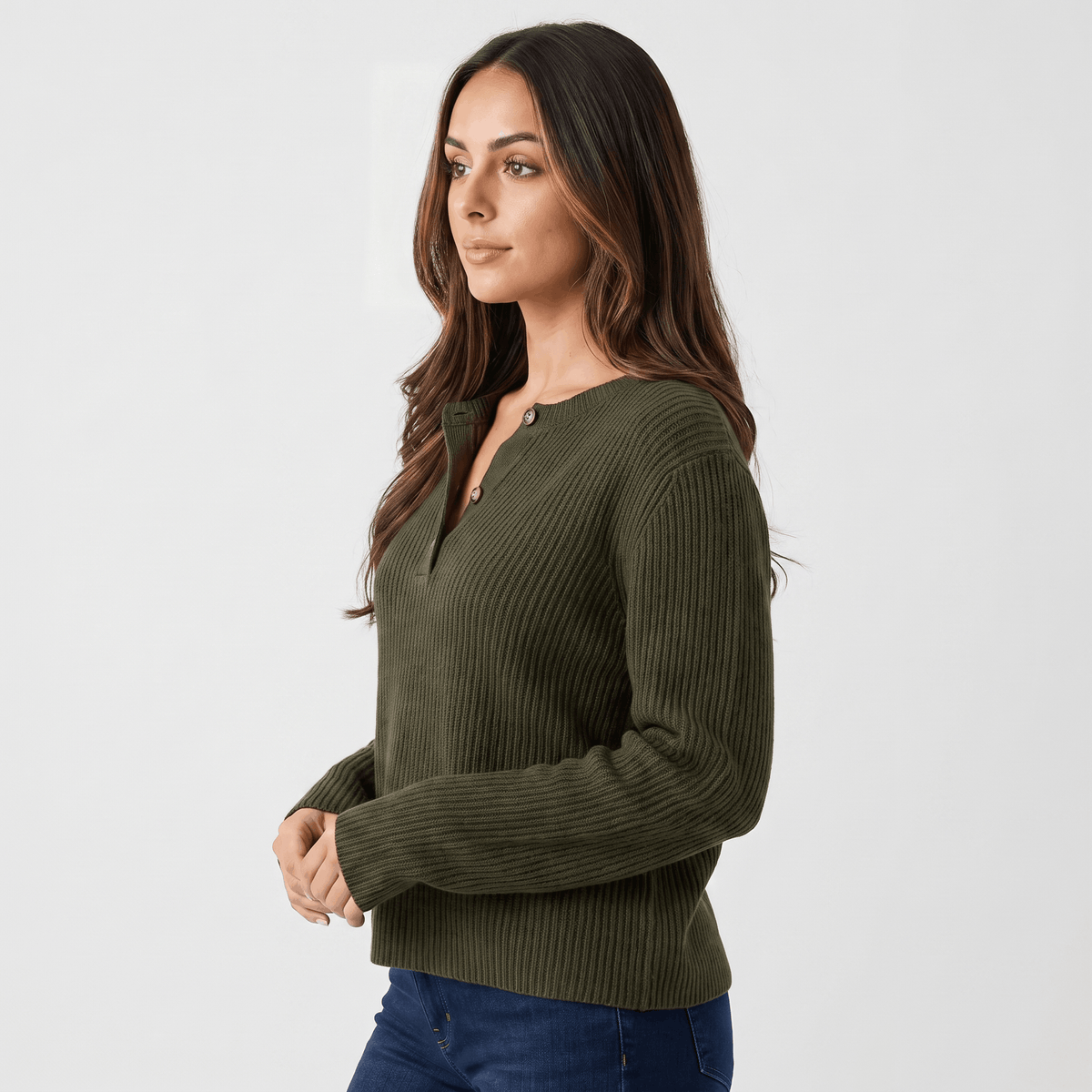 Giselle Ribbed Knit Henley Sweater – Relaxed V-Neck Button-Placket Pullover