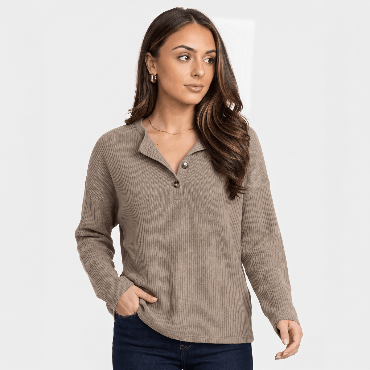 Giselle Ribbed Knit Henley Sweater – Relaxed V-Neck Button-Placket Pullover