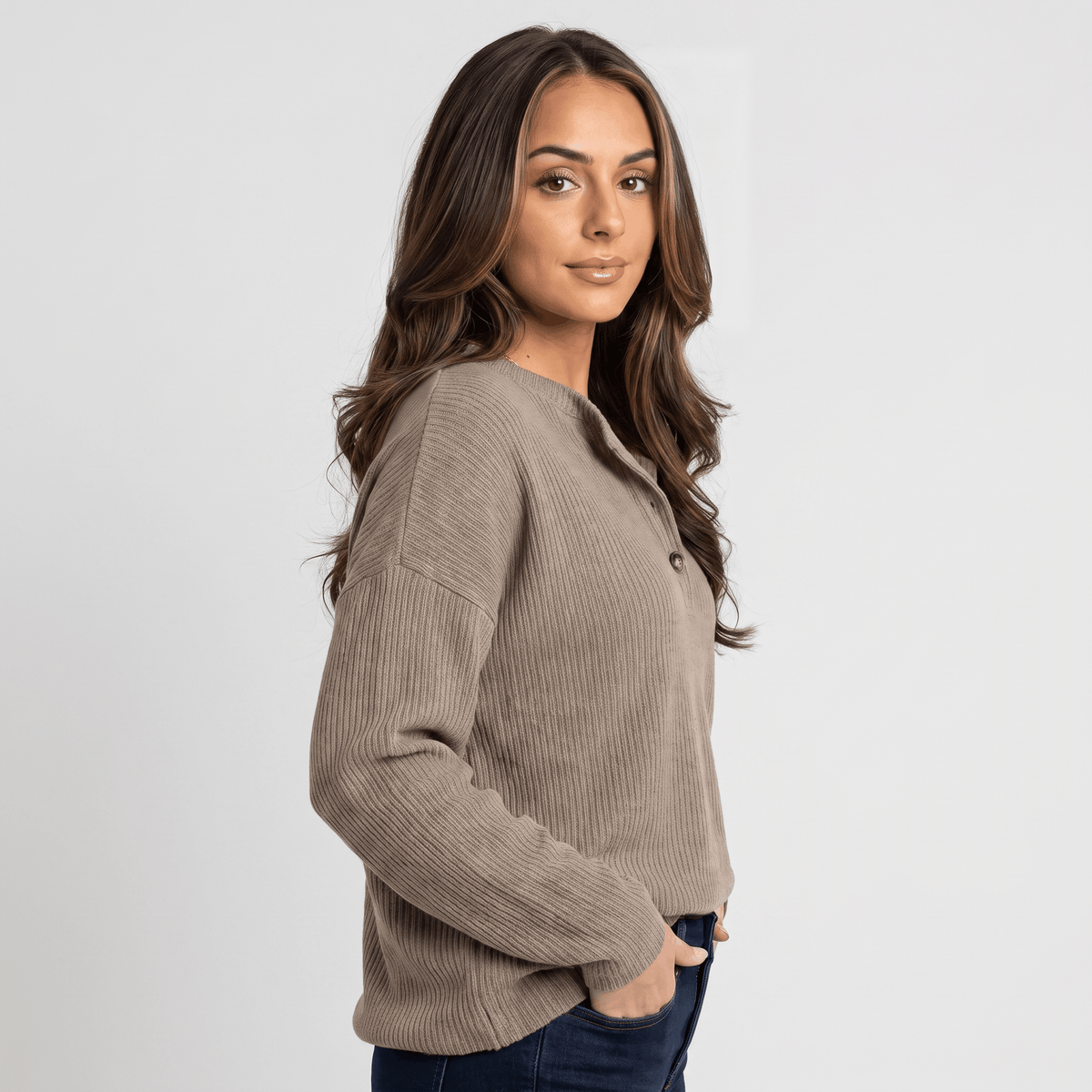 Giselle Ribbed Knit Henley Sweater – Relaxed V-Neck Button-Placket Pullover
