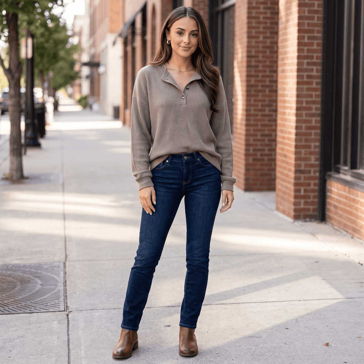 Giselle Ribbed Knit Henley Sweater – Relaxed V-Neck Button-Placket Pullover