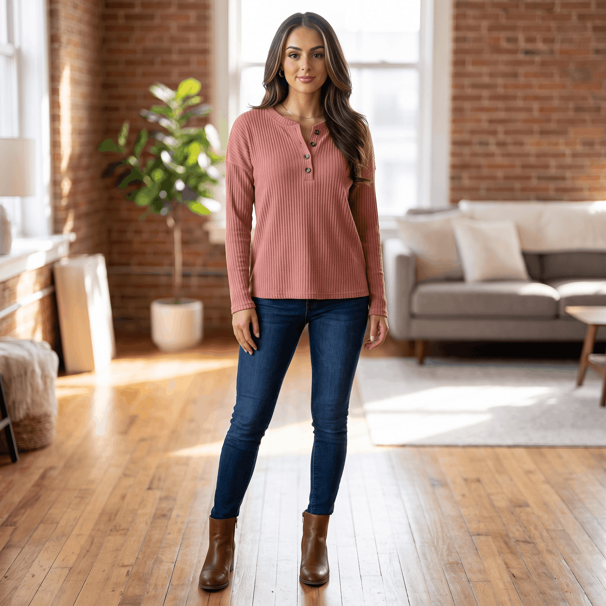 Giselle Ribbed Knit Henley Sweater – Relaxed V-Neck Button-Placket Pullover