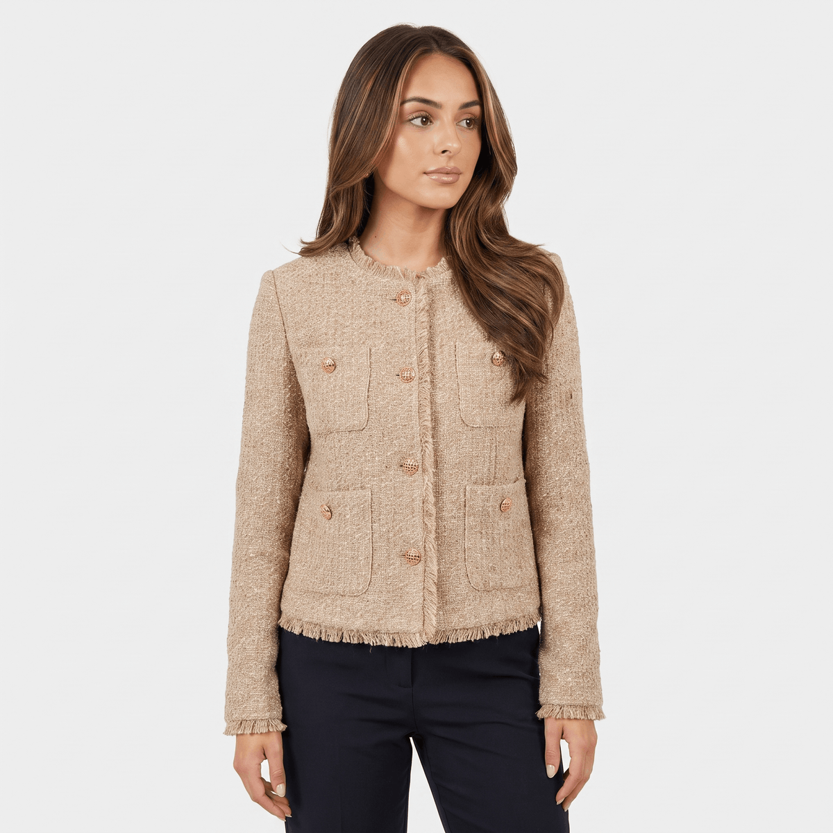 Penelope Cotton Tweed Jacket – Collarless Gold-Button Cropped Outerwear