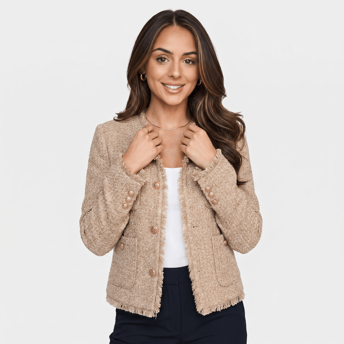 Penelope Cotton Tweed Jacket – Collarless Gold-Button Cropped Outerwear
