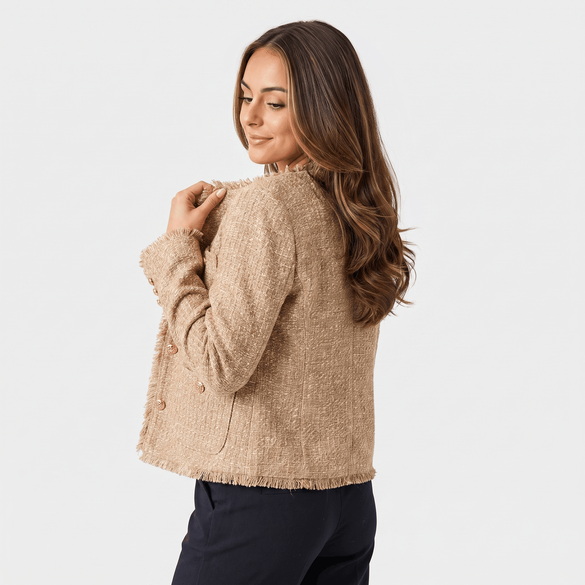 Penelope Cotton Tweed Jacket – Collarless Gold-Button Cropped Outerwear
