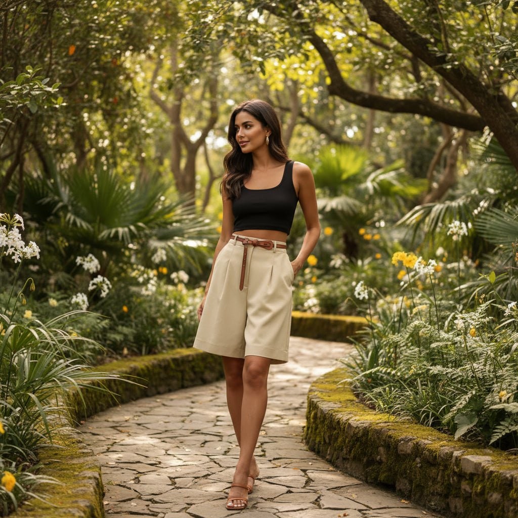 High Waisted Wide Leg Bermuda Shorts with Pleated Front and Knee Length