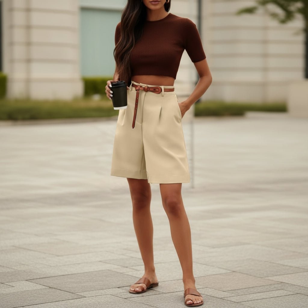 High Waisted Wide Leg Bermuda Shorts with Pleated Front and Knee Length