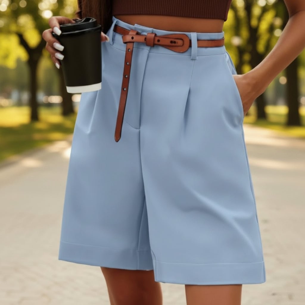 High Waisted Wide Leg Bermuda Shorts with Pleated Front and Knee Length