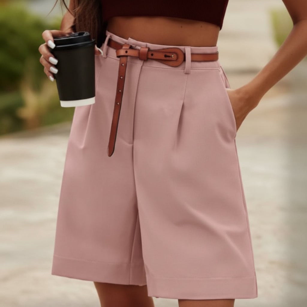 High Waisted Wide Leg Bermuda Shorts with Pleated Front and Knee Length