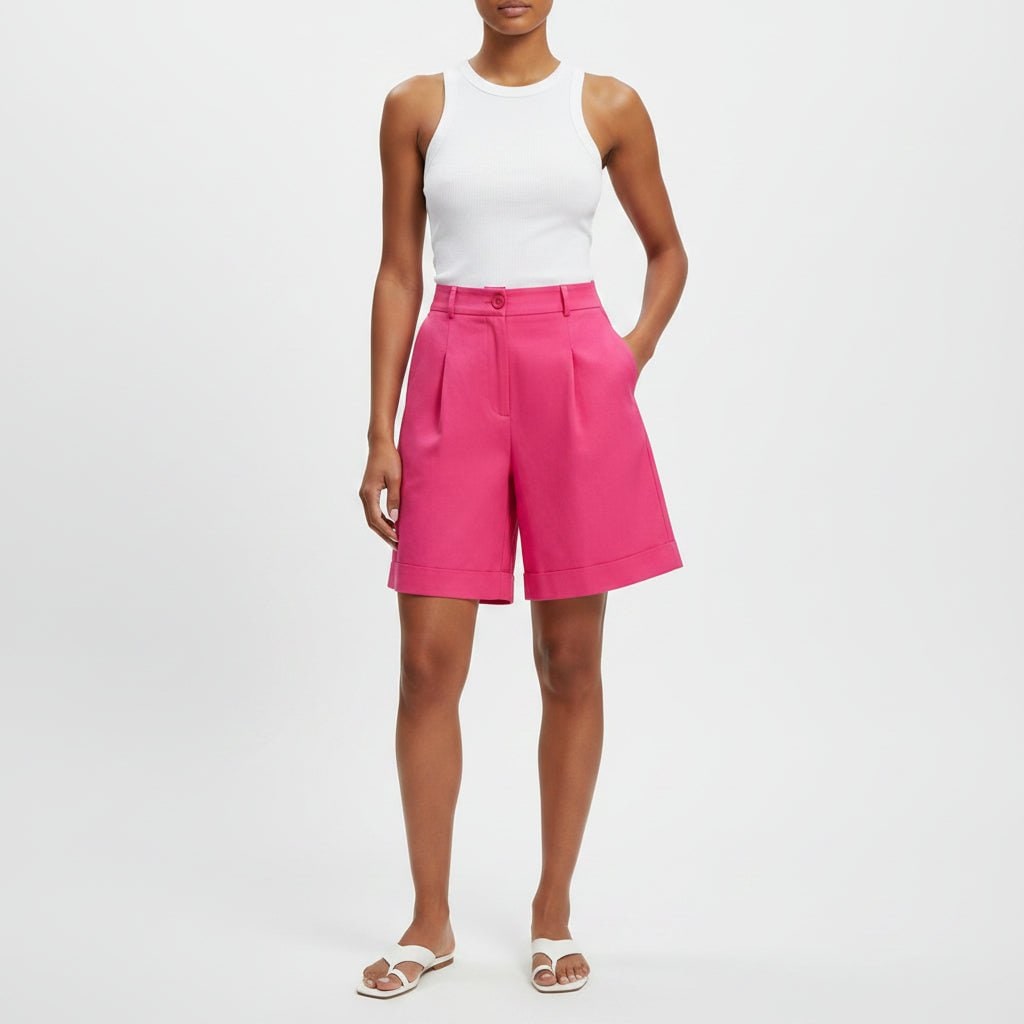 High Waisted Wide Leg Bermuda Shorts with Pleated Front and Knee Length