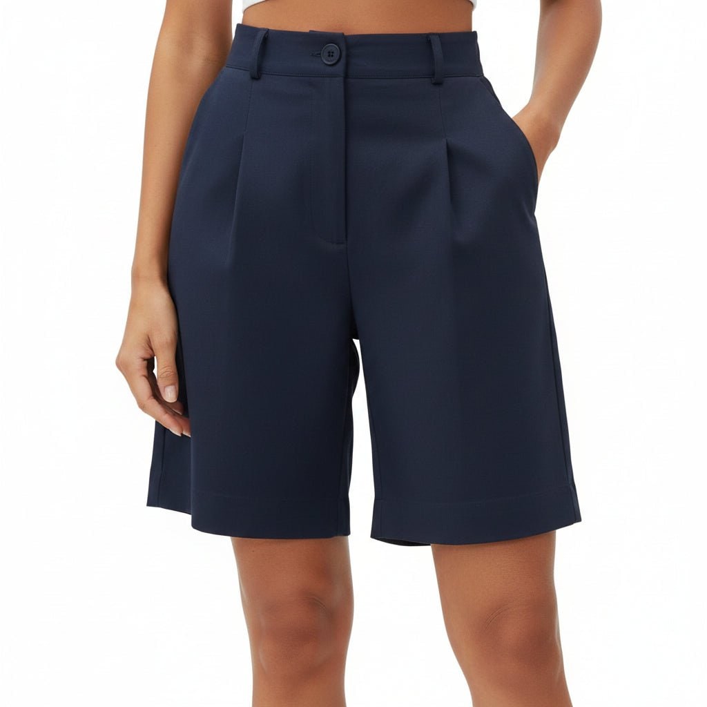 High Waisted Wide Leg Bermuda Shorts with Pleated Front and Knee Length