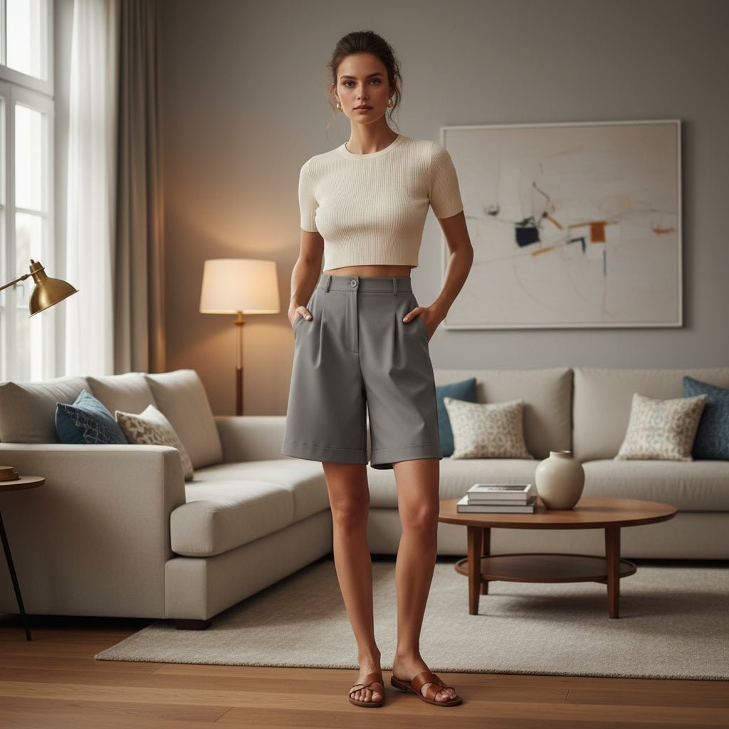 High Waisted Wide Leg Bermuda Shorts with Pleated Front and Knee Length