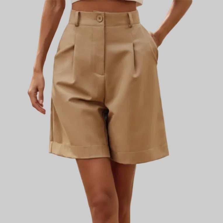 High Waisted Wide Leg Bermuda Shorts with Pleated Front and Knee Length