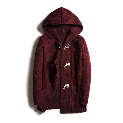 Hooded Wool Blend Winter Cardigan with Toggle Buttons for Men