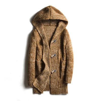 Hooded Wool Blend Winter Cardigan with Toggle Buttons for Men