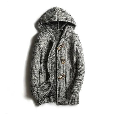Hooded Wool Blend Winter Cardigan with Toggle Buttons for Men