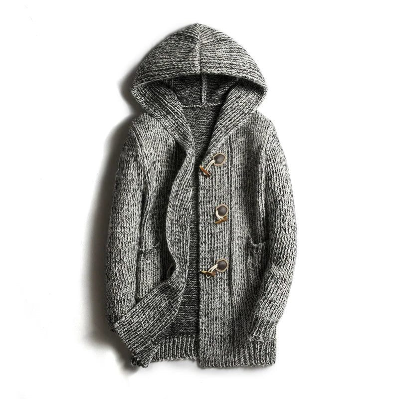 Hooded Wool Blend Winter Cardigan with Toggle Buttons for Men