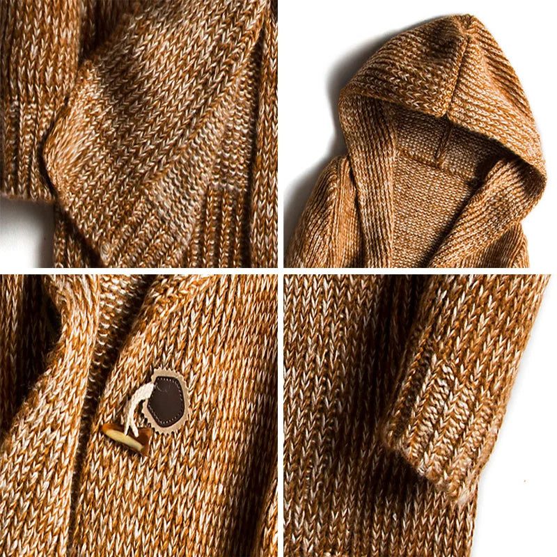 Hooded Wool Blend Winter Cardigan with Toggle Buttons for Men