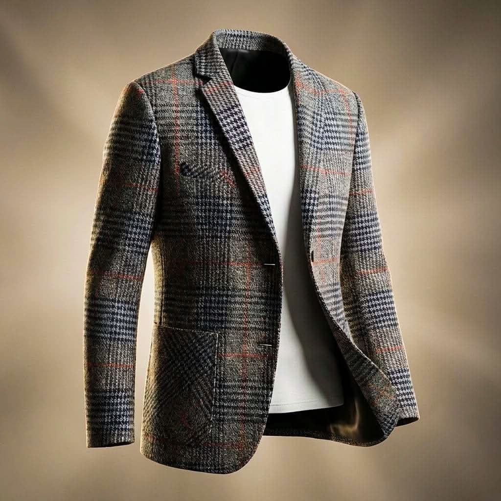 Houndstooth Wool Blend Blazer with Notch Lapel for Men