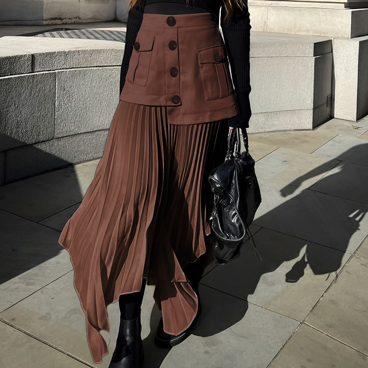 Asymmetrical Midi Skirt for Women Pleated Design Button Front Relaxed Fit