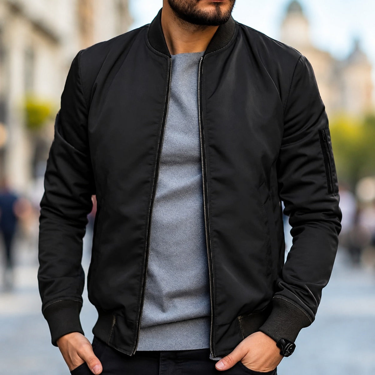 Bomber Jacket for Men - Classic Fit with Ribbed Cuffs and Zipper Closure