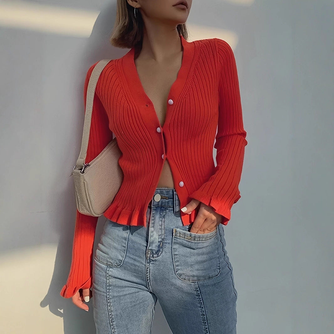 Cardigan Women Button Front Long Sleeve Ribbed Design - Slim Fit