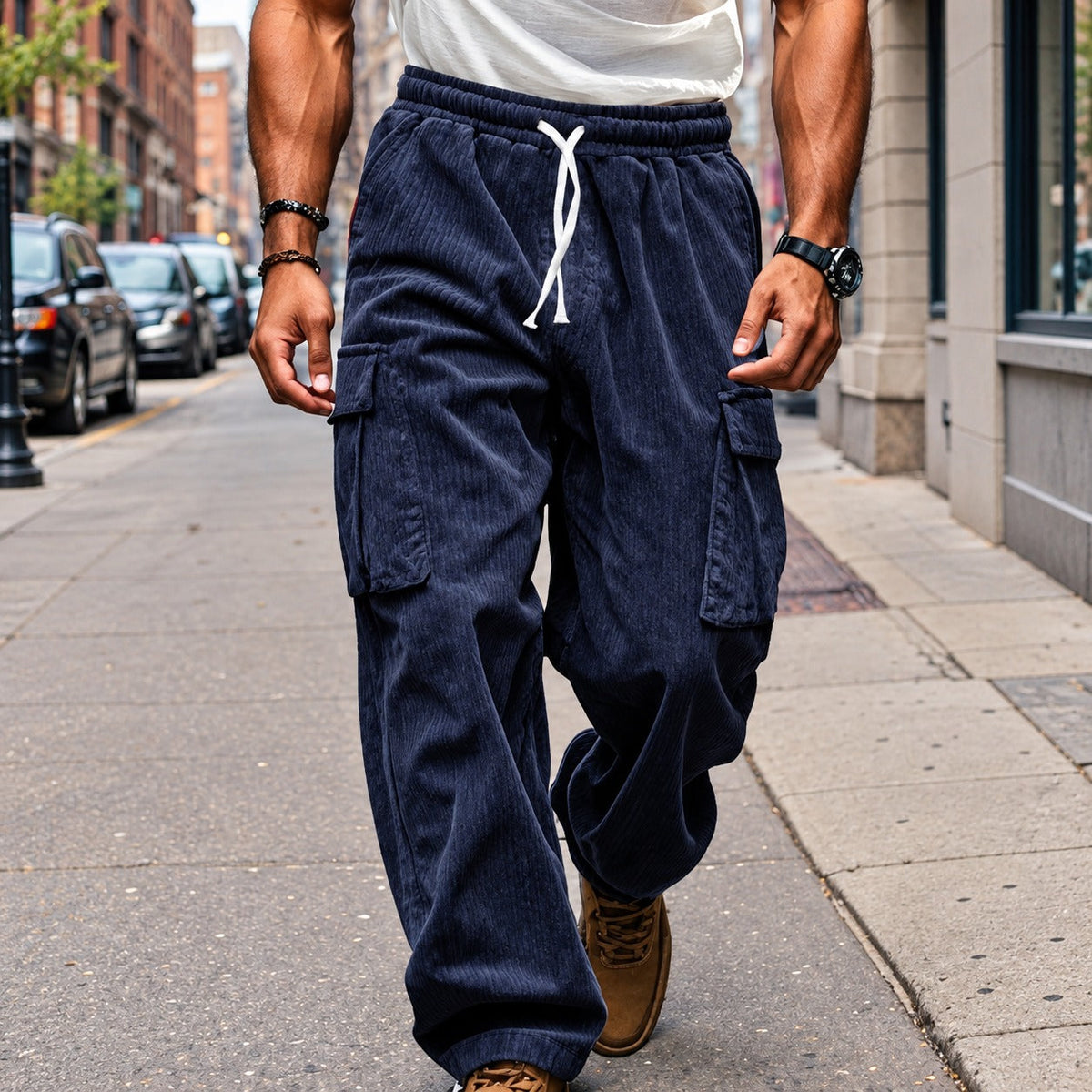 Cargo Pants for Men - Straight Leg with Elastic Waist and Adjustable Drawstring, Casual Style