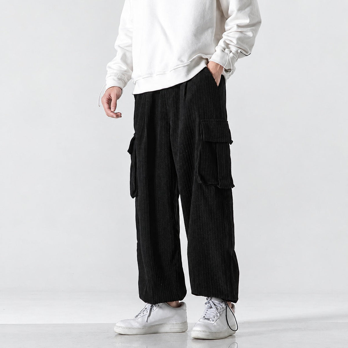 Cargo Pants Men Loose Fit Elastic Waistband Side Pockets