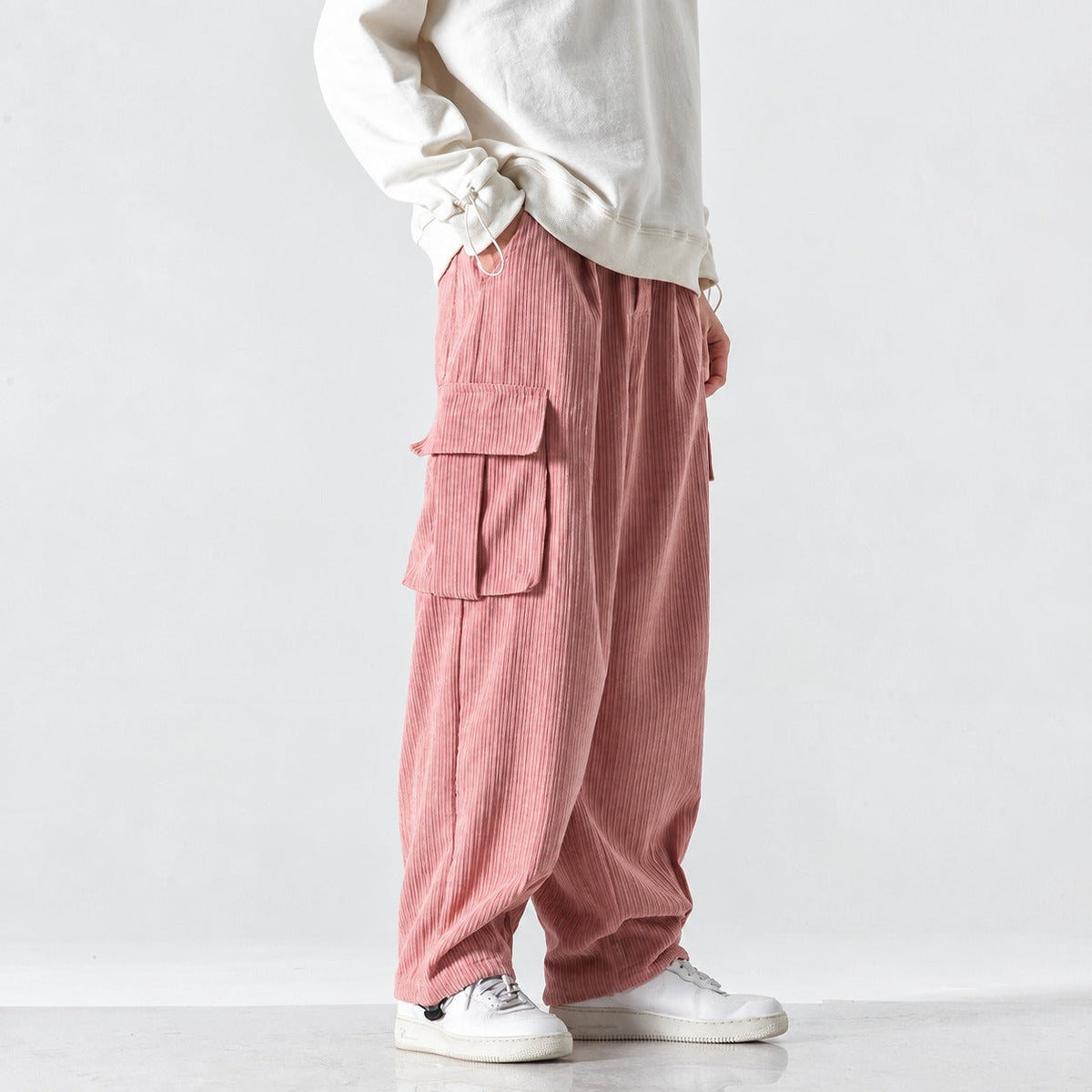 Cargo Pants Men Loose Fit Elastic Waistband Side Pockets