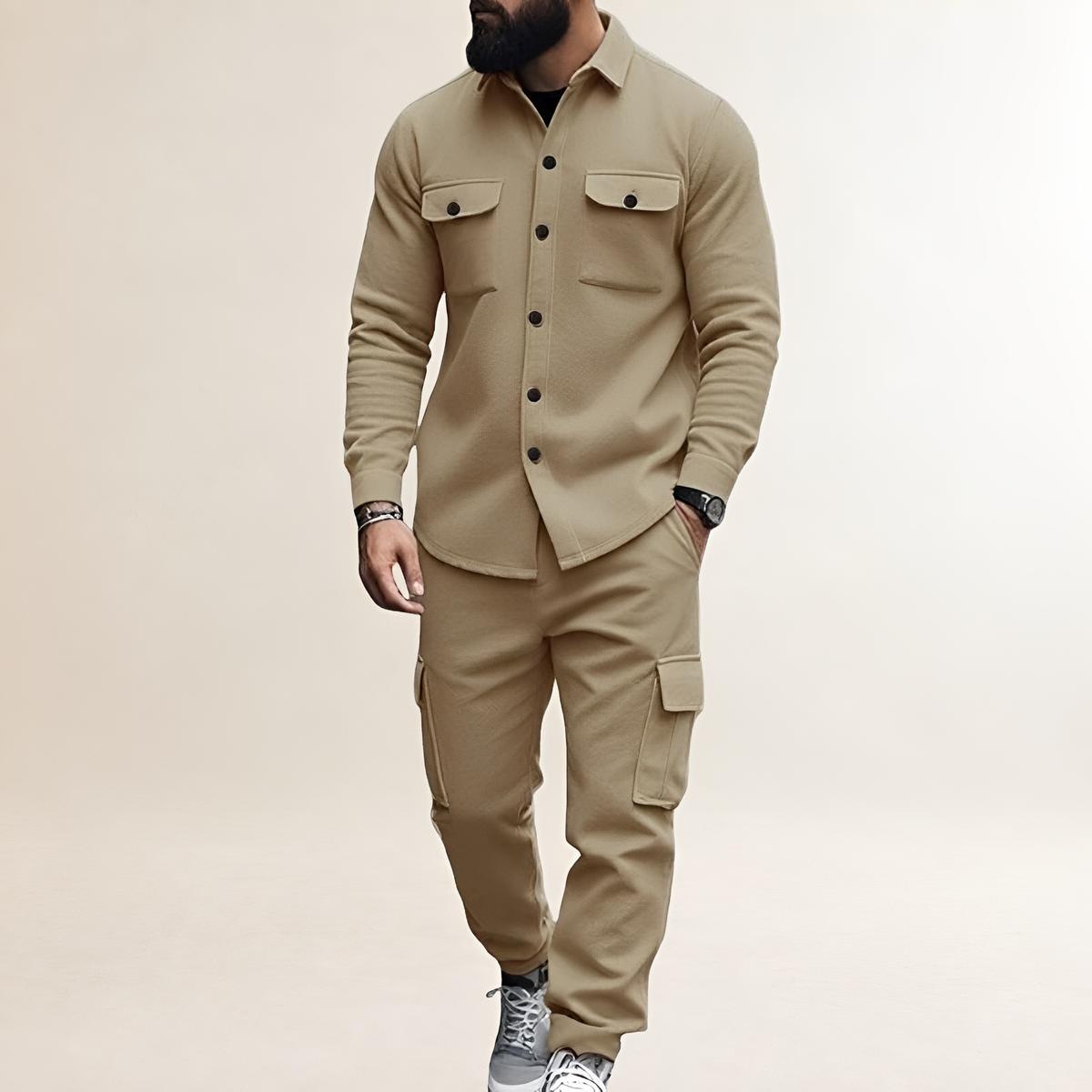 Cargo Set for Men - Button Closure Top with Chest Pockets and Elastic Waist Pants