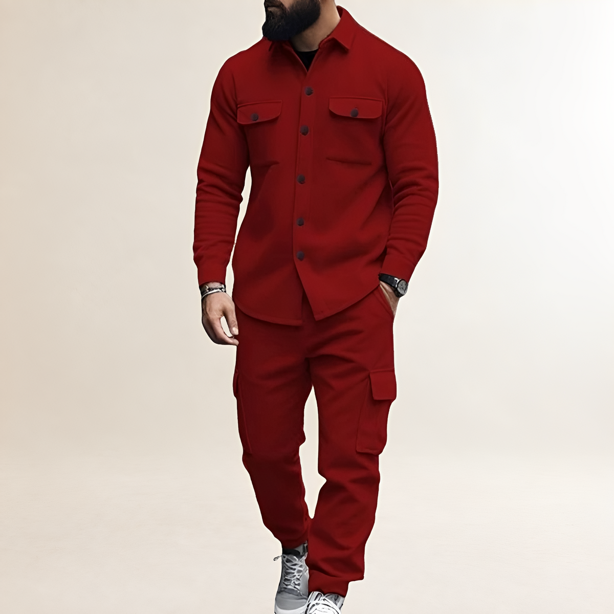 Cargo Set for Men - Button Closure Top with Chest Pockets and Elastic Waist Pants
